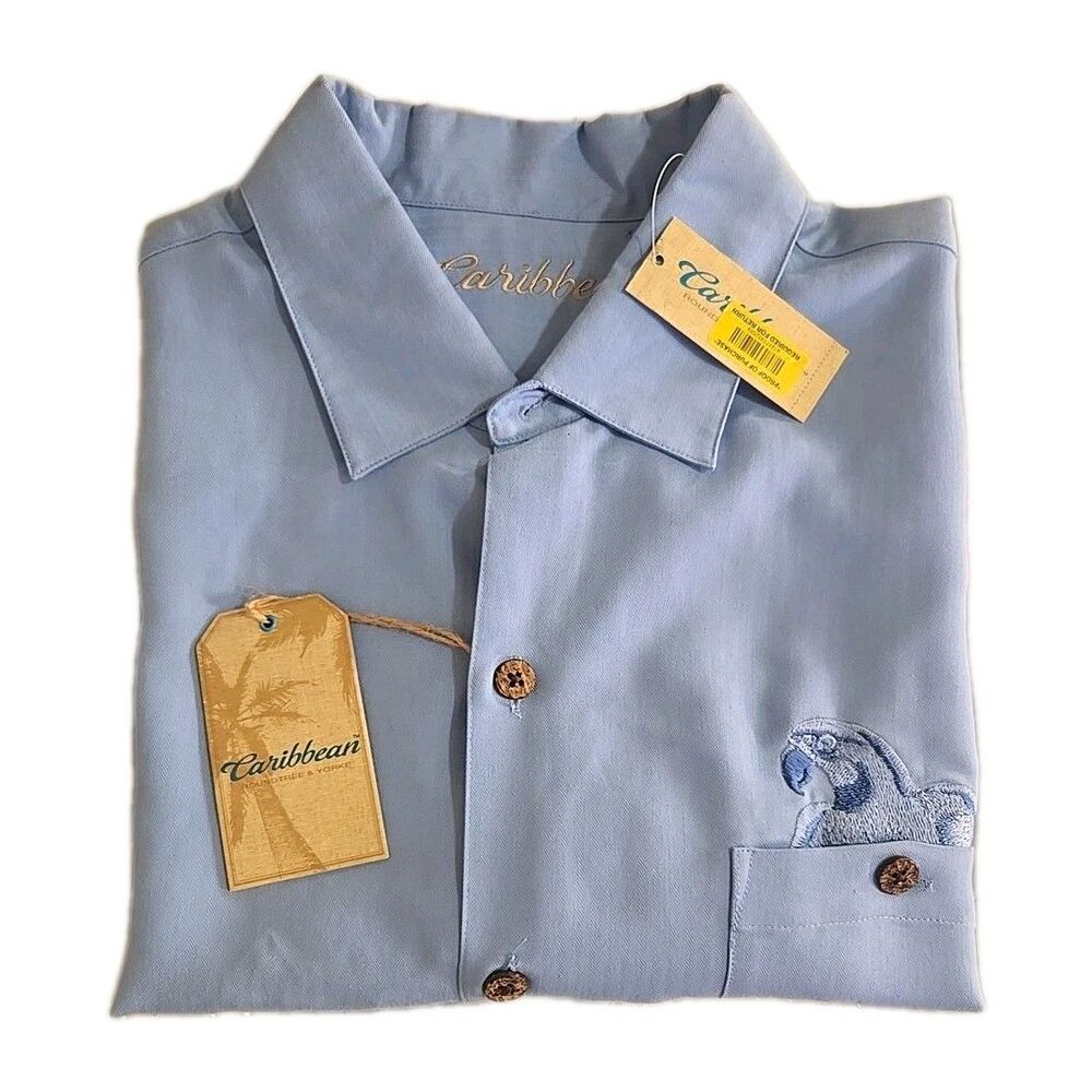 Roundtree & Yorke Caribbean Men's XL Embroidered Short Sleeve Shirt Blue NEW